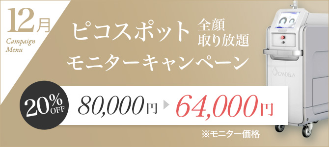 12月キャンペーン　ピコスポット 全顔 取り放題　80,000円→ 64,000円　20%オフ ※モニター価格