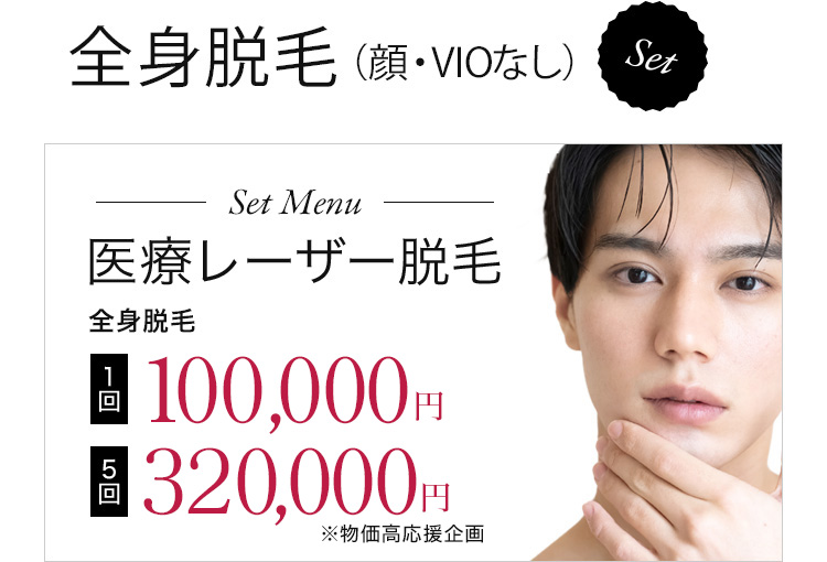 医療レーザー脱毛　全身脱毛　1回100,000円　5回320,000円 ※物価高応援企画
